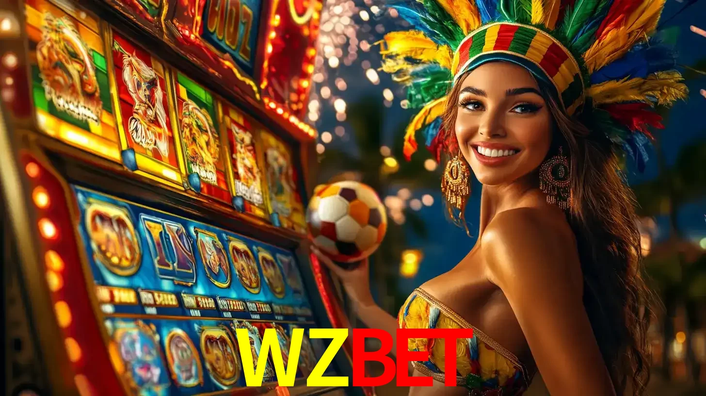 Mulher com um cocar de carnaval ao lado de uma máquina de caça-níqueis enquanto segura uma bola de futebol, mostrando a união da diversão de cassino e esportes no WZBET.