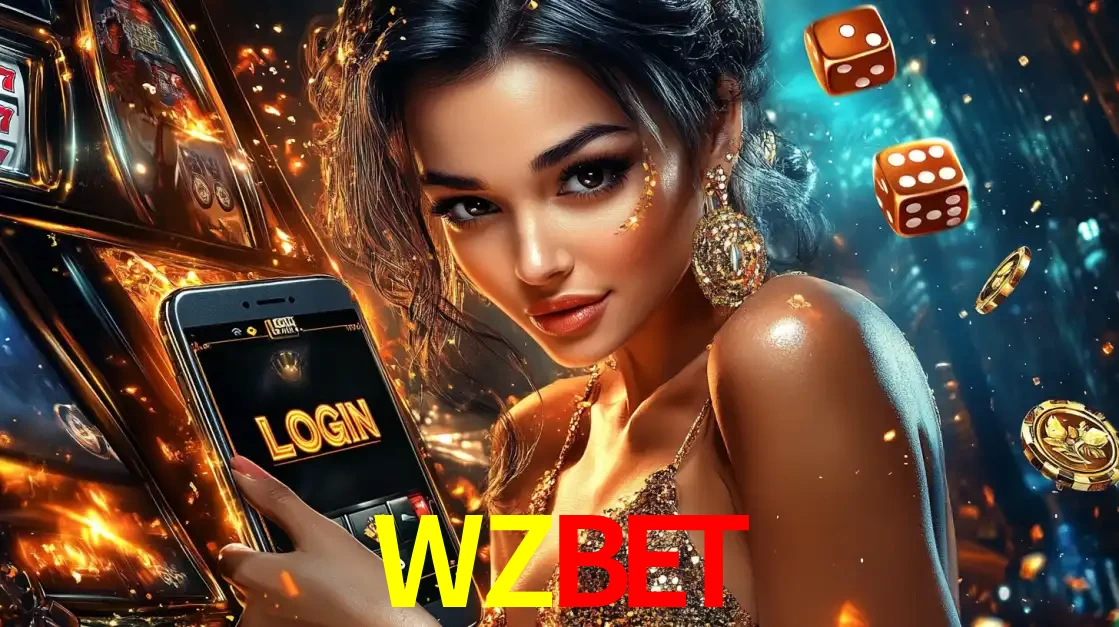 Mulher glamourosa segurando um celular com a tela de login do cassino WZBET, rodeada por dados e moedas douradas, pronta para começar a diversão.