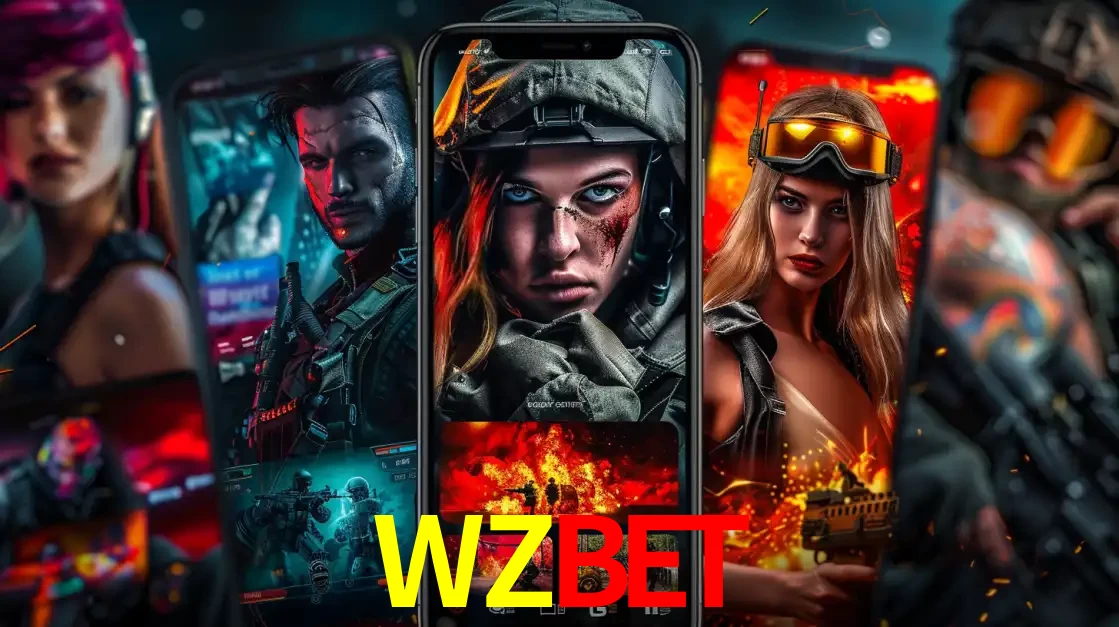 Montagem de telas de celular mostrando diversos personagens, masculinos e femininos, de um jogo de tiro, ilustrando a diversidade de equipes de e-sports para apostar no WZBET.