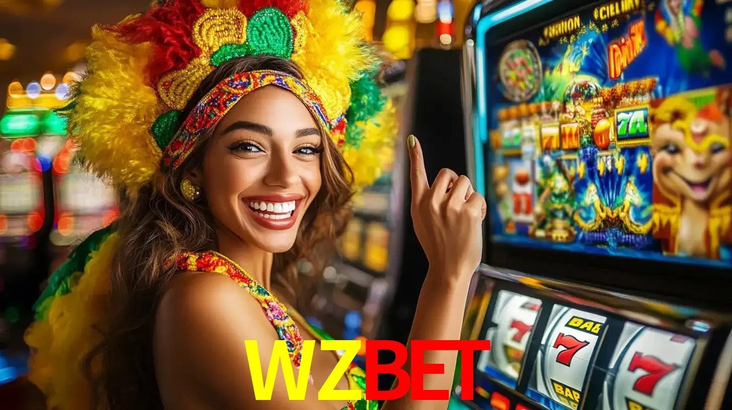 Mulher animada com um cocar de carnaval apontando para uma máquina de caça-níqueis, mostrando a emoção de ganhar um grande prêmio nos jogos do WZBET.