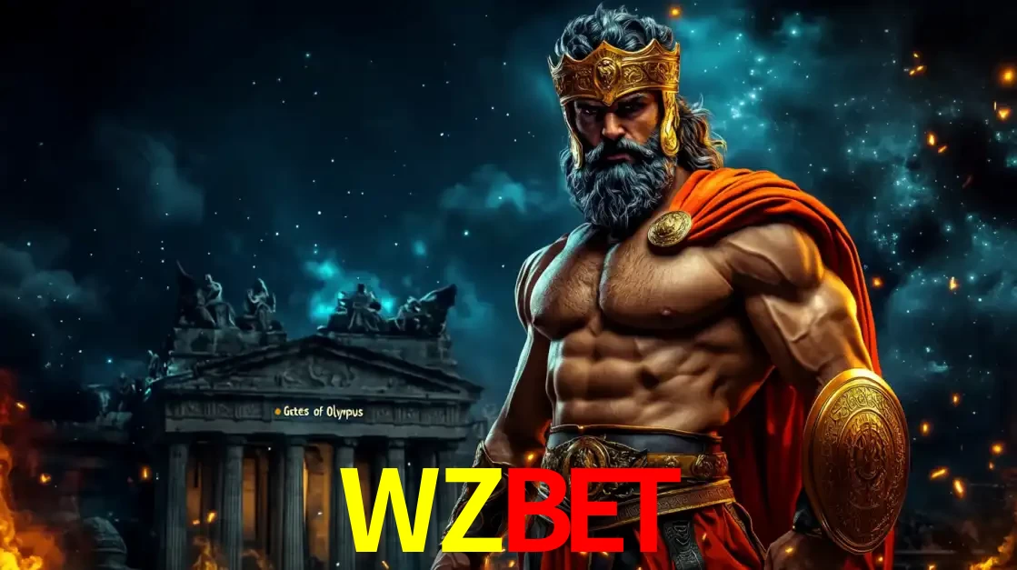 O poderoso Zeus do jogo de slot Gates of Olympus em frente ao seu templo, pronto para lançar multiplicadores divinos e prêmios épicos no cassino online WZBET.