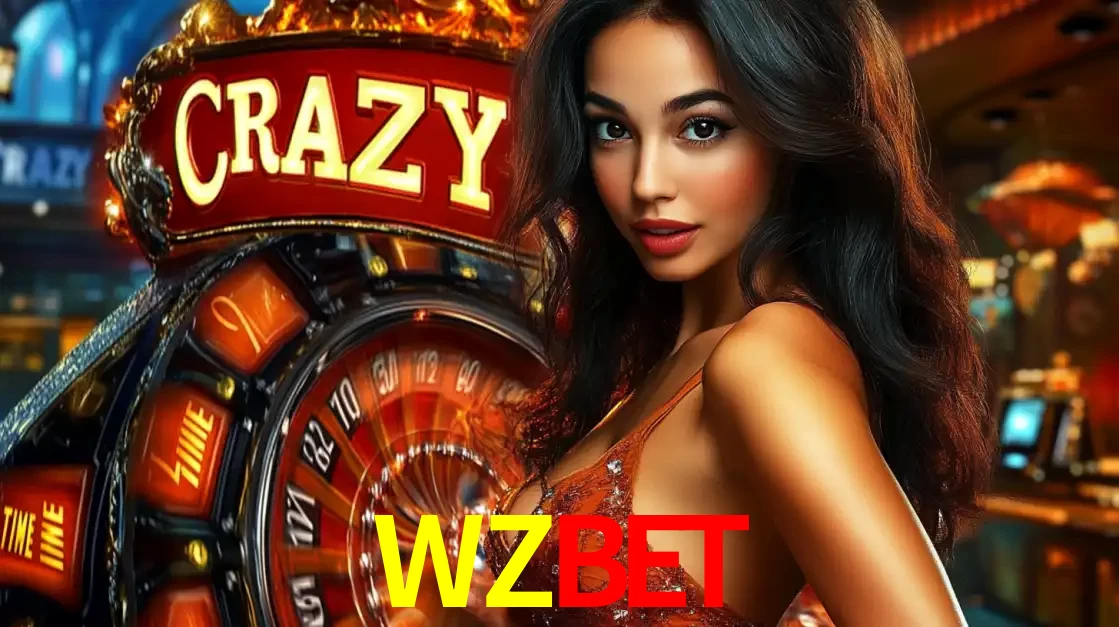 Mulher glamourosa olhando para a câmera com a roda vermelha do Crazy Time ao fundo em um ambiente de cassino, destacando a emoção dos jogos ao vivo no WZBET.