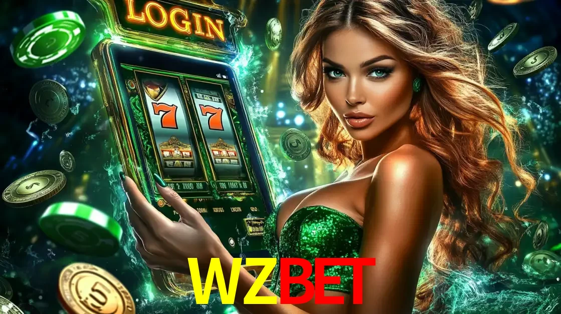 Mulher com tema verde apresentando o aplicativo do cassino WZBET com um jogo de slot de 777, cercada por fichas de cassino e uma aura de sorte.