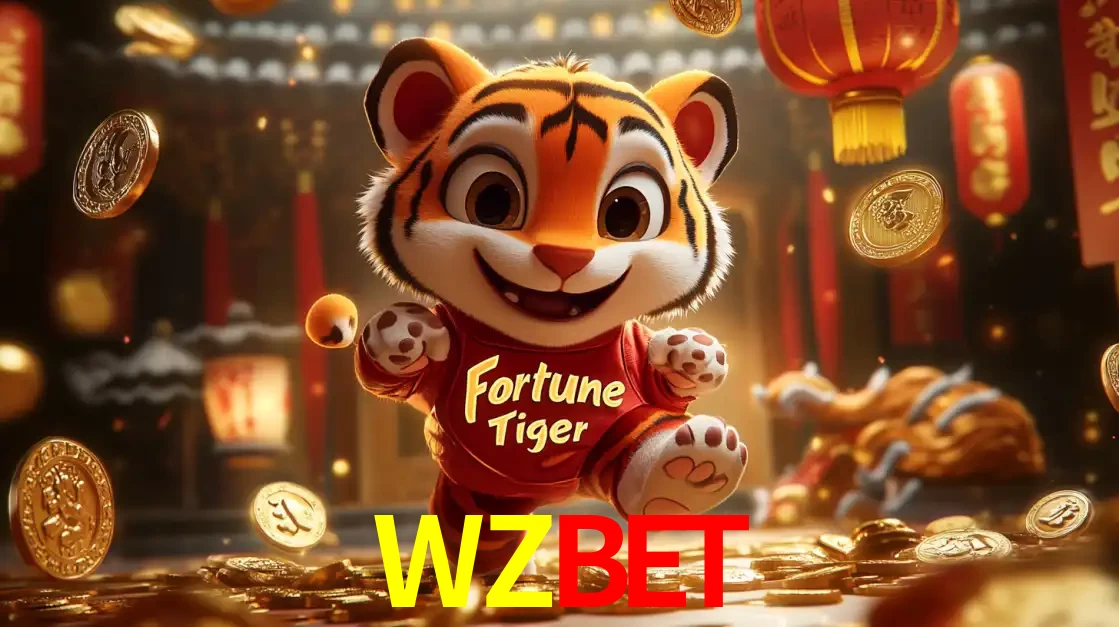 O alegre personagem do Fortune Tiger correndo sobre um caminho de moedas de ouro, simbolizando os grandes prêmios e a diversão do popular jogo de slot do WZBET.