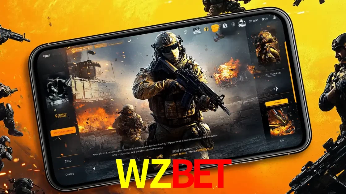 Um smartphone exibindo a interface de um jogo de tiro em primeira pessoa, com um soldado em um cenário de batalha, representando a ação dos e-sports para apostar no WZBET.