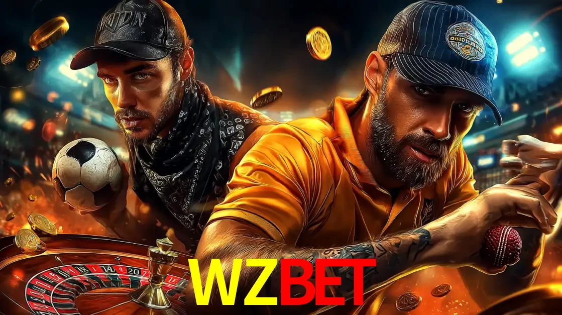 Montagem de apostas esportivas e cassino no WZBET, com um homem segurando uma bola de futebol e outro uma de beisebol sobre uma roleta e moedas voadoras.