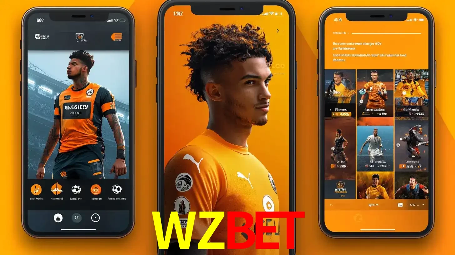 Interface do aplicativo de apostas esportivas WZBET em três telas de celular, mostrando o perfil de um jogador de futebol e a lista de jogos disponíveis para apostar.