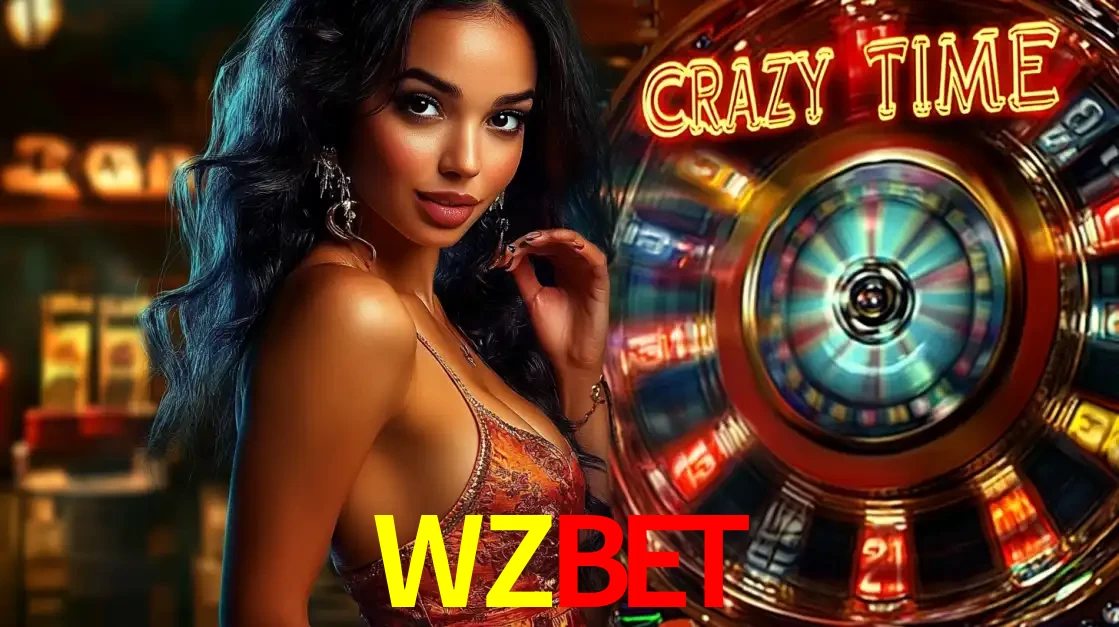 Mulher elegante ao lado da vibrante roda da fortuna do jogo de cassino ao vivo Crazy Time, um dos game shows mais populares e cheios de prêmios do WZBET.