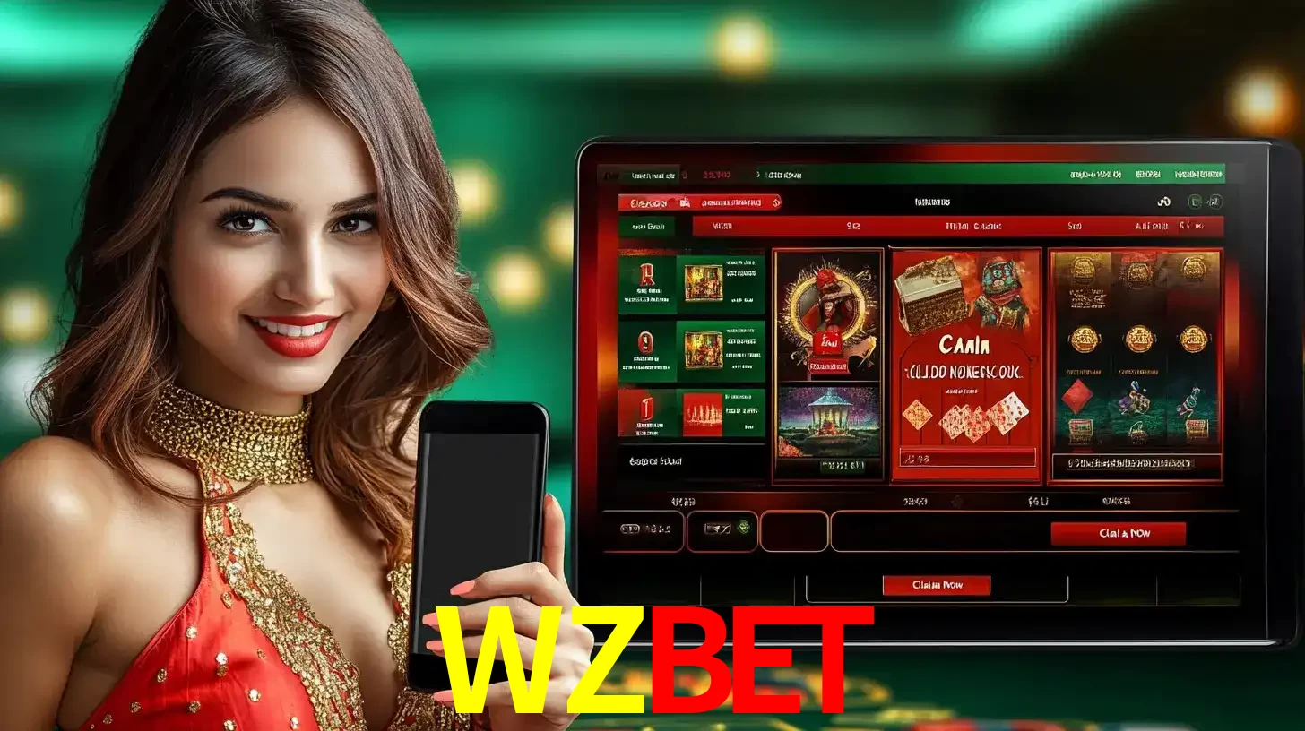 Mulher sorridente segurando um smartphone, ao lado de uma tela exibindo o lobby de jogos do cassino online WZBET, com várias opções de jogos de cartas e slots.
